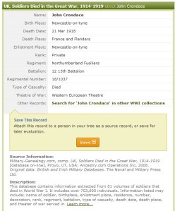 Search results from Ancestry for John Crondace, actually John Croudace of the Northumberland Fusiliers